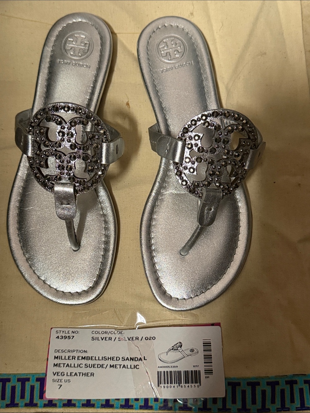 Tory Burch Silver Metallic Miller Embellished Thong Sandals
